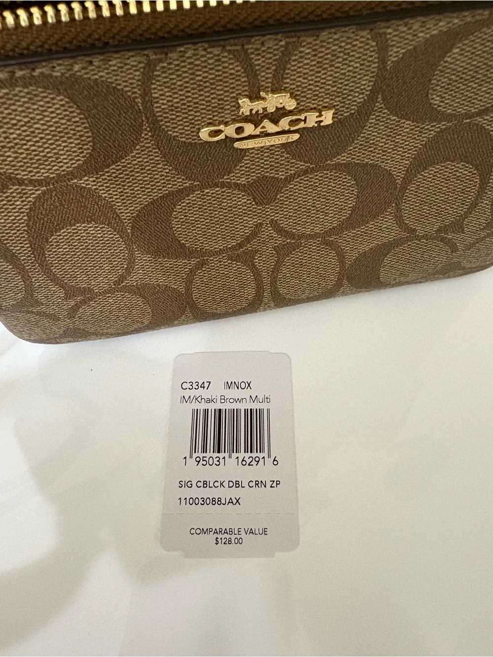 Coach Double Corner Zip Wristlet Signature Canvas Khaki Brown Multi NWT